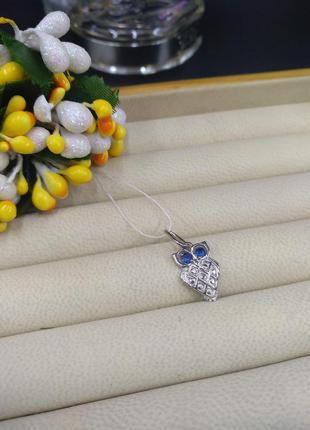 Серебряный оригинальный кулон подвеска совушка сова с синим фианитом 9253 фото