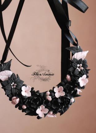 Чорне кольє ручної роботи з полімерної глини "стильний вечір"