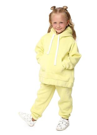 Костюм двійка дитячий спортивний, худі кенгуру оверсайз, для дівчинки, теплий з начосом, жовтий1 фото