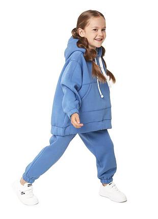 Костюм двійка дитячий спортивний, худі кенгуру оверсайз, для дівчинки, теплий, з начосом, синій
