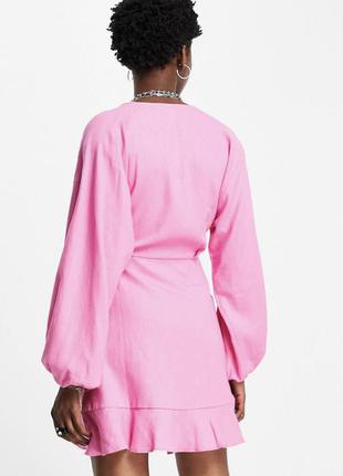 Лляне яскраво-рожеве плаття сарафан міні з запахом і об'ємними рукавами topshop2 фото