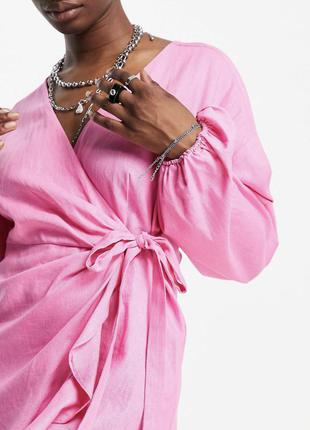 Лляне яскраво-рожеве плаття сарафан міні з запахом і об'ємними рукавами topshop3 фото