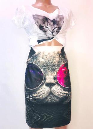 Юбка-карандаш  пикантная юбка с цифровой графикой, с мультяшным принтом "кот в очках"2 фото