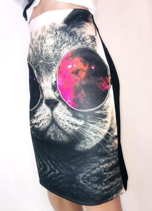 Юбка-карандаш  пикантная юбка с цифровой графикой, с мультяшным принтом "кот в очках"