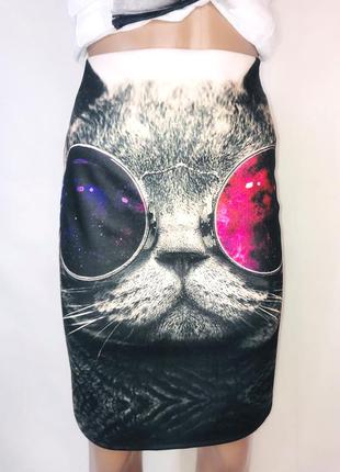 Юбка-карандаш  пикантная юбка с цифровой графикой, с мультяшным принтом "кот в очках"6 фото