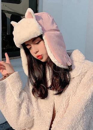 Стильная милая теплая плюшевая шапка ушанка с ушками котика и мехом корейский стиль1 фото