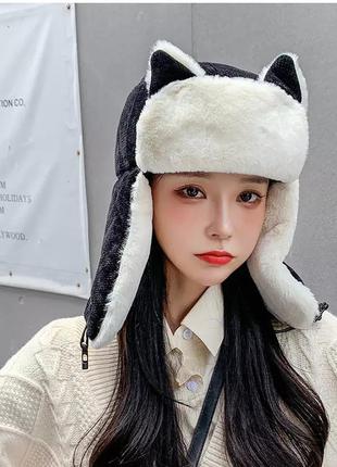 Стильная милая теплая плюшевая шапка ушанка с ушками котика и мехом корейский стиль