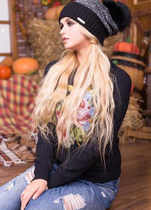 Шапка с помпоном - 16121 чёрный+белый