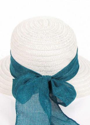 Белый летний капор с бирюзовым бантом - 008-02.38