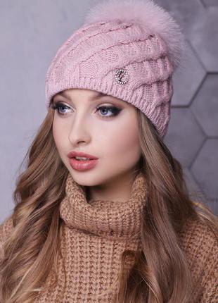 Зимняя шапка с пышным бубоном из песца "снежана" - 0296 пудра (люрекс)
