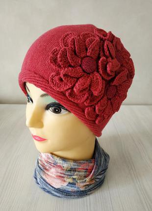Женская вязаная шапка "офелия" - тёмно-розовый