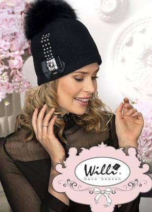 Польская шапка с помпоном из натурального меха "розала" (rosala) - 018 чёрный