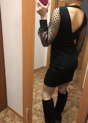 Чёрное платье рукав сетка в горошек