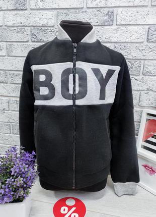 Кофта, батник, бомбер на змейке черный с серым теплый трехнитка 172360234