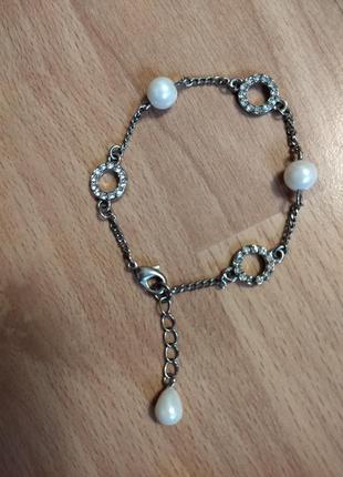 Серебрянный браслет,жемчуг,кристаллы сваровски,бижютерия,под серебро4 фото