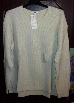 Джемпер/свитер с шерстью, v-образным вырезом, с боковыми разрезами, uniqlo, р.хл2 фото