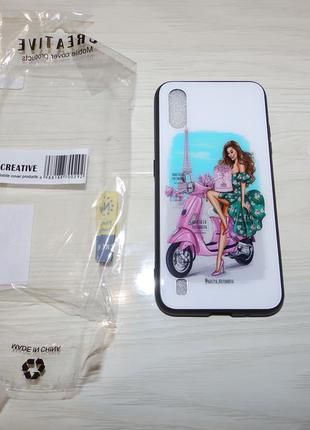 Чехол tpu+glass для samsung a01 paris moto девушка на мопеде