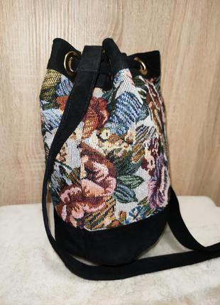 Стильна сумка мішечок натуральна замшева шкіра + текстиль label hand made4 фото