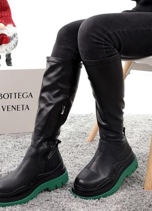 ❄️🖤💚❄️bottega high black green fur💚🖤❄️високі чоботи зимові з хутром, зимні жіночі чоботи