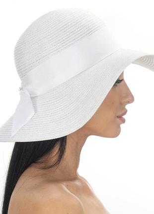 Белая люрексовая шляпа от солнца с лентой - 163-02