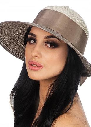Женская шляпа с ассиметричным полем - 170-10.32 бежевый+коричневый