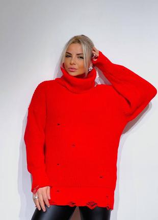 Вовняний светр з рваностями, светр ефектом потертості і спущених петель, теплий светр, об'ємна широка горловина, обміняй светр оверсайз