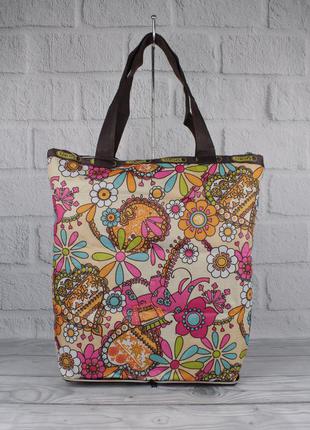 Складна сумка-шоппер-трансформер lesportsac 9801-14 бежева з квітами текстильна