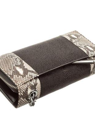 Клатч жіночий stingray leather 18504 з натуральної шкіри морського скату зі вставками з шкіри пітона чорний5 фото