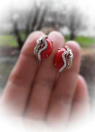 🛍 серьги серебро с золотом коралл фианит белый