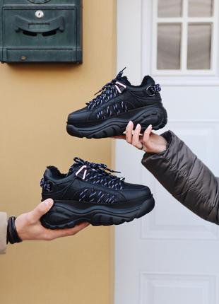 Buffalo fur london black classic speed platform sneaker чорні масивні зимові утеплені кросівки з хутром баффало жіночі чорні зимні кросівки