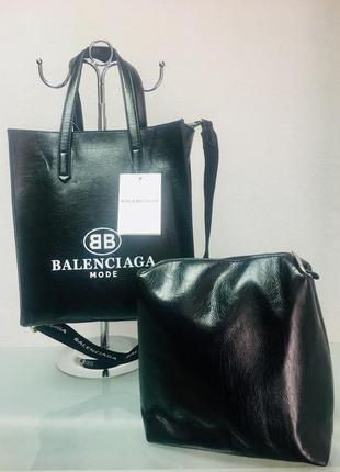 Сумка женская кожаная черная сумка + косметичка классическая