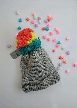 Теплая зимняя вязаная шапка шапочка на флисе с крупным помпоном next 1-2 года