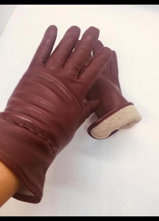 Бордовые кожаные перчатки нат кожа шерстяная подкладка
