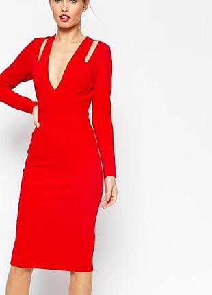 Красное платье миди с глубоким декольте asos