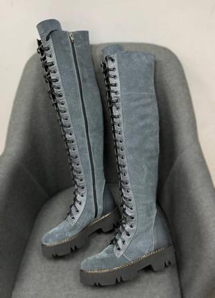 Дизайнерские сапоги ботфорты на шнуровке осень зима натуральные