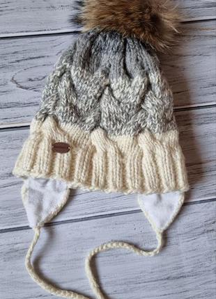 Зимний комплект вязанная серая шапка с натуральным помпоном, снуд, варежки 12-24 мес, унисекс5 фото