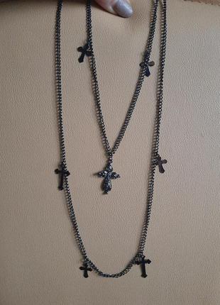 Длинная двойная цепочка с крестиками, череный металл1 фото