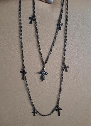 Длинная двойная цепочка с крестиками, череный металл6 фото