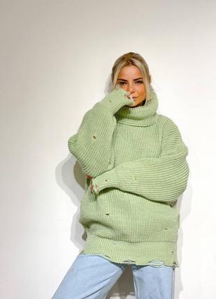Удлинённый теплый мягкий объёмный свитер туника рванка5 фото