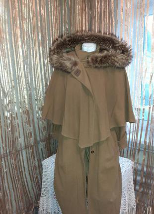 Шикарное пальто 2в1 винтаж дизайн с переложной шерсть, кашемир горчичного цвета1 фото