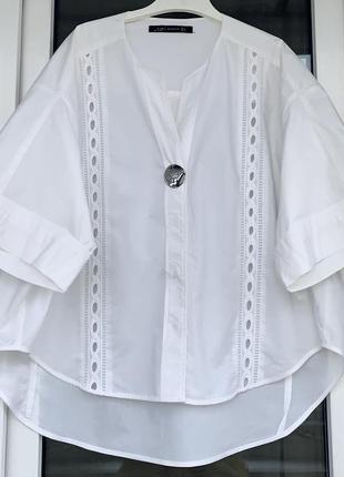 Zara стильная белая  рубашка оверсайз с вставками из шитья3 фото