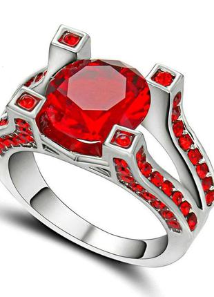 Яркий сверкающий мужской женский унисекс перстень кольцо  "лазурит" под серебро с красным камнем