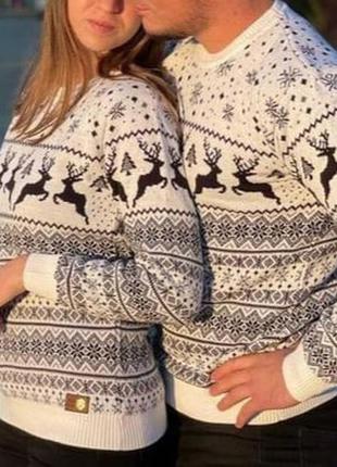 Теплий новорічний светр з принтом парний жіночий та чоловічий6 фото