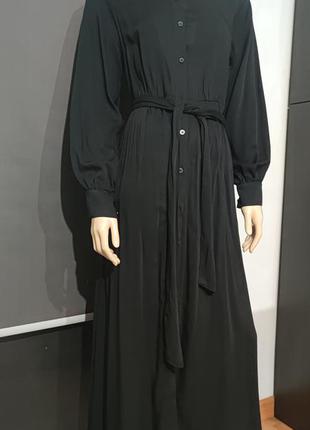 Чёрное вечернее платье в пол с поясом на завязке и карманами h&m