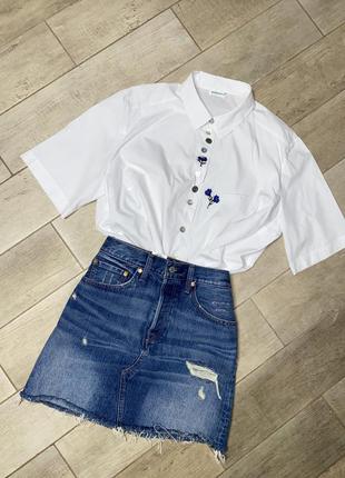 Біла сорочка з коротким рукавом,блузка з вишивкою квіти(016)