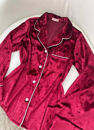 Яркая бордовая пижама рубашка и штаны, бархатный домашний костюм, розкішна жіноча піжама велюрова2 фото