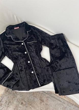 Классическая чорная бархатная пижама рубашка и штаны, домашний костюм, комплект для дома и сна, велюрова піжата5 фото
