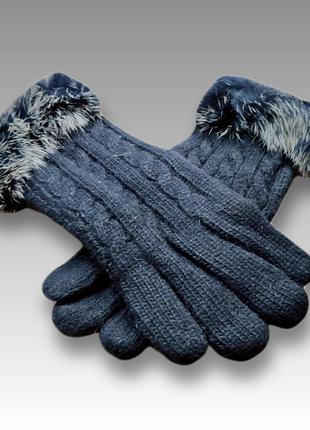 Рукавички чорні в'язані жіночі c манжетом з натурального хутра