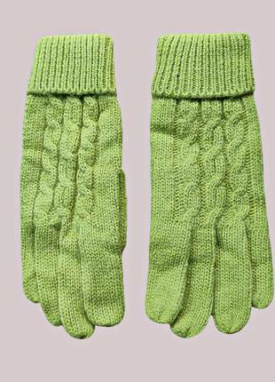 В'язані салатові жіночі теплі подвійні рукавички c відворотом3 фото
