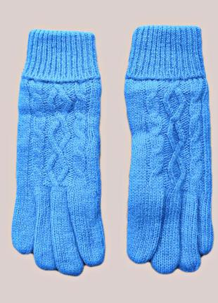В'язані жіночі блакитні теплі подвійні рукавички c відворотом3 фото